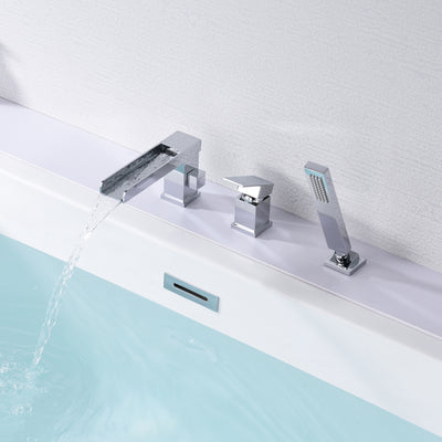 Waterfall Roman Tub Faucet with Hand Shower, 3 Hole Bathtub Faucet with Shower Diverter Chrome Finish
