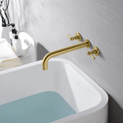 High Flow Brushed Gold Wall Mounted Tub Filler Faucet with Extra Long Spout and Valve