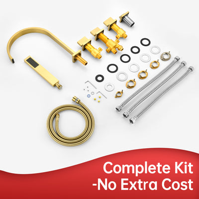 SUMERAIN Brushed Gold 5 Hole Roman Tub Faucet with 3 Knob, Luxury Waterfall Tub Faucet with Hand Shower, High Flow