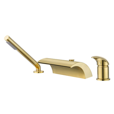 sumerain 3 Hole Roman Tub Faucet with Hand Shower, High Flow Single Handle Waterfall Bathtub Filler Brushed Gold Finish
