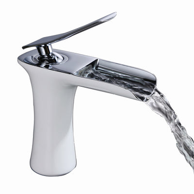 SUMERAIN Modern Waterfall Bathroom Faucet ，Contemporary Bathroom Sink Faucet with Single Handle, Chrome & White Finish