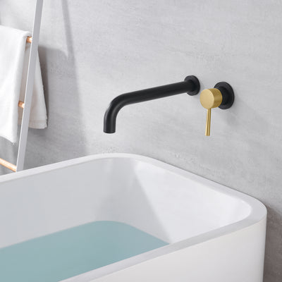 SUMERAIN Grifo para bañera de montaje en pared, grifo para bañera con caño de llenado largo para bañera, acabado en negro y dorado, manija única