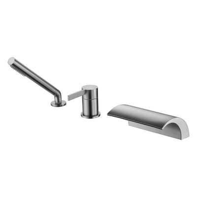 SUMERAIN Waterfall Bathtub Faucet with Sprayer, Brushed Nickel Deck Mounted High Flow 3 Hole Roman Tub Faucet