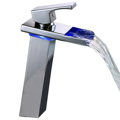 sumerain LED Waterfall Bathroom Faucet, Chrome Single Handle Single Hole Bathroom Sink Faucet 3 Colors Changes Vessel Faucet