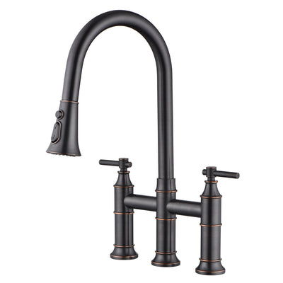 SUMERAIN Bridge Kitchen Faucet with Pull Down Sprayer, 3 Hole Kitchen Sink Faucet 2 Handle 8 Inch Faucet for Kitchen Sink Stainless Steel Oil Rubbed Bronze