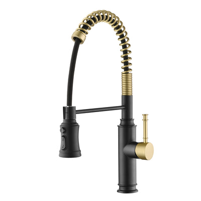 SUMERAIN Kitchen Faucet with Pull Down Sprayer Single Hole Spring Faucet for Kitchen Sink with 3-Function Sprayer, Black and Gold