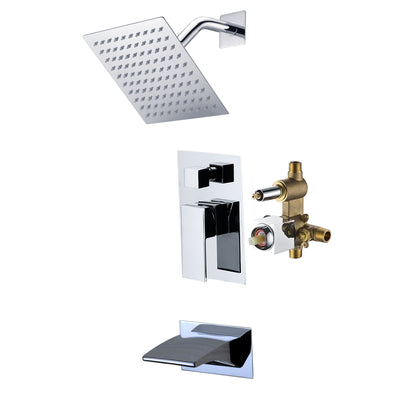SUMERAIN Modern Wall-Mount Tub and Shower Faucet with Single Handle , Tub and Shower Faucet with 8-inch Square Rain Showerhead & Pressure Balance Valve