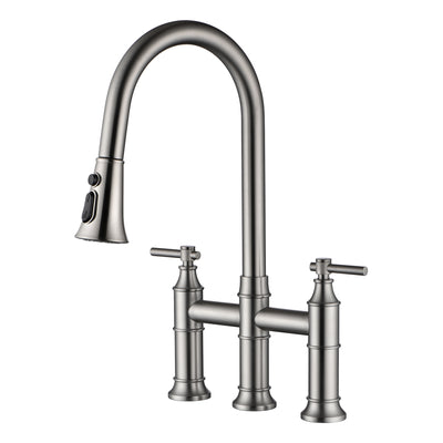 SUMERAIN 2-Handle Bridge Kitchen Faucet with Pull Down Sprayer, 3 Hole Kitchen Sink Faucet Stainless Steel, Brushed Nickel