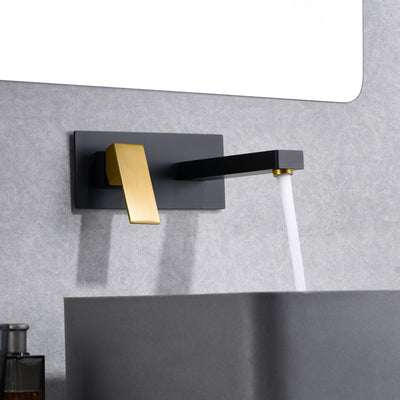 SUMERAIN Grifo para lavabo de baño de montaje en pared, acabado en negro y dorado, con manija para zurdos y válvula áspera