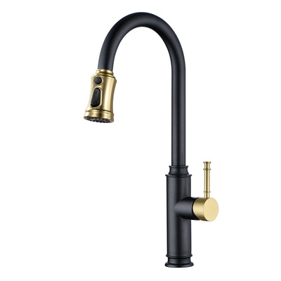 SUMERAIN Single Hole Kitchen Faucet with Pull Out Sprayer Stainless Steel Kitchen Sink Faucet Single Handle Faucet Swivel Spout,Black and Gold