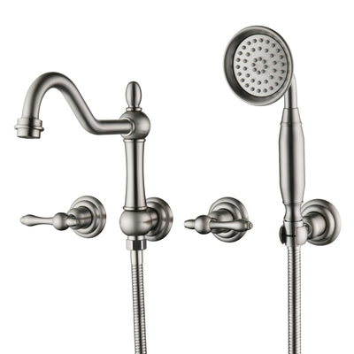 SUMERAIN Brushed Nickel Wall Mount Bathtub Faucet with Handheld Sprayer Traditional Tub Filler with Rough-in Valve
