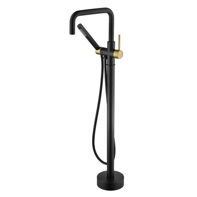 sumerain Free Standing Tub Faucet Floor Mount Tub Filler, Black and Gold Single Handle Bathroom Bathtub Faucets with Hand Shower