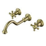 SUMERAIN Brushed Gold Wall Mount Bathroom Sink Faucet,3 Holes Vintage Style Lavatory Basin Faucet with Cross Knobs Included Rough-in Valve