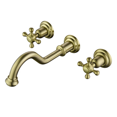 SUMERAIN Brushed Gold Wall Mount Bathroom Sink Faucet,3 Holes Vintage Style Lavatory Basin Faucet with Cross Knobs Included Rough-in Valve