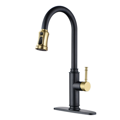 SUMERAIN Kitchen Faucet with Pull Down Sprayer, Single Level Stainless Steel Kitchen Sink Faucets, High Arc Pull Out Kitchen Faucet with 3 Hole Deck Plate,Black and Gold