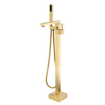 SUMERAIN Freestanding Bathtub Faucet with Hand Shower, Solid Brass Single Handle Floor Mount Tub Filler Brushed Gold Finish, High Flow