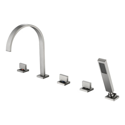 SUMERAIN Brushed Nickel 5 Hole Roman Tub Faucet, Modern Three Handle Waterfall Bathtub Faucet with Hand Shower, High Flow