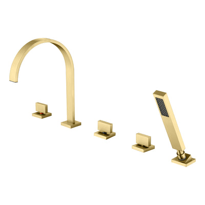 SUMERAIN Brushed Gold 5 Hole Roman Tub Faucet with 3 Knob, Luxury Waterfall Tub Faucet with Hand Shower, High Flow