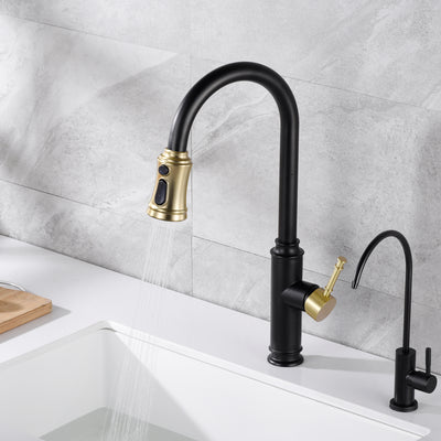 SUMERAIN Single Hole Kitchen Faucet with Pull Out Sprayer Stainless Steel Kitchen Sink Faucet Single Handle Faucet Swivel Spout,Black and Gold