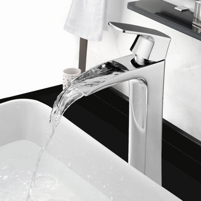 SUMERAIN Contemporary Tall Waterfall Bathroom Sink Faucet for Vessel Sinks, Single Hole Single Handle Bathroom Faucet, Chrome