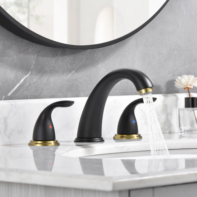 sumerain Two Handle Widespread Bathroom Sink Faucet, 3 Holes Bathroom Lavatory Sink Faucet,Black&Gold