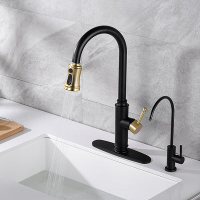 SUMERAIN Kitchen Faucet with Pull Down Sprayer, Single Level Stainless Steel Kitchen Sink Faucets, High Arc Pull Out Kitchen Faucet with 3 Hole Deck Plate,Black and Gold