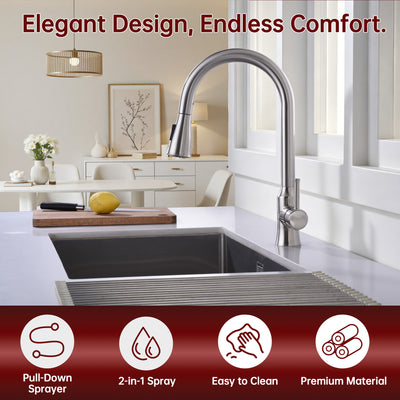 SUMERAIN Kitchen Faucet with Pull Down Sprayer Brushed Nickel, Dual Function Lead-Free Stainless Steel Sink Faucet