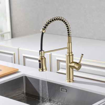 SUMERAIN Kitchen Faucet with Spring Pull Down Sprayer, Single Handle Pull Out Kitchen Sink Faucet Stainless Steel with 3-Function Sprayer,Brushed Gold