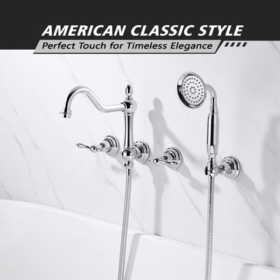 SUMERAIN Vintage Wall Mounted Bathtub Faucet with Hand Shower, High Flow Tub Filler Chrome Finish, Rough-in Valve Included