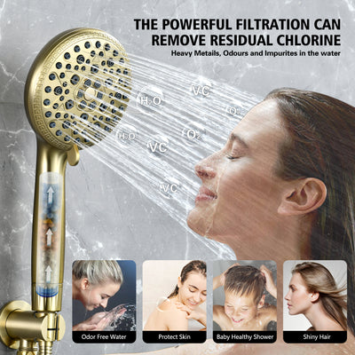 SUMERAIN Filtered Shower Head with Hard Water Filter - 9-Spray FOF ScaleBlock & Vitamin C Skin Care, 3-Month Cartridge for California/Texas/Illinois, Brushed Gold