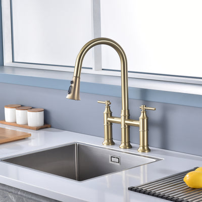 SUMERAIN 8-Inch Centerset Kitchen Bridge Faucet with Pull Down Sprayer 3 Hole Kitchen Faucet Stainless Steel, Brushed Gold