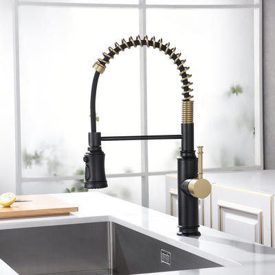 SUMERAIN Kitchen Faucet with Pull Down Sprayer Single Hole Spring Faucet for Kitchen Sink with 3-Function Sprayer, Black and Gold