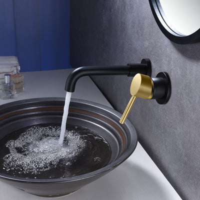 SUMERAIN Robinet de salle de bain mural noir et or, robinet mural pour lavabo de salle de bain, avec deux poignées et valve brute