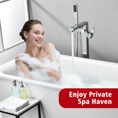 SUMERAIN Floor Mount Bathtub Filler Faucet with Hand Shower, High Flow Bathroom Tub Faucet with 360-degree Swivel Spout, Chrome
