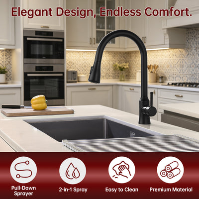 SUMERAIN Matte Black High Arc Kitchen Faucet with Pull Down Sprayer Stainless Steel Lead-Free Single Handle