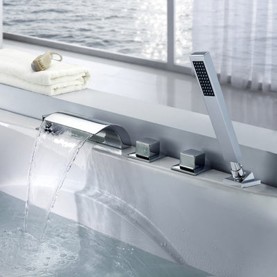 SUMERAIN Modern Chrome Roman Waterfall Bathtub Faucet Set, 3-Knob Deck Mount with Hand Shower