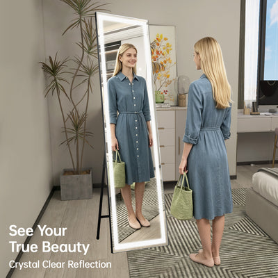 SUMERAIN Full Length Mirror with LED Lights, Lighted Floor Mirror with Dimming & 3 Color Lighting, Stand for Bedroom, Dressing Room，Black Frame, Shatterproof Tempered Glass，60"x16"