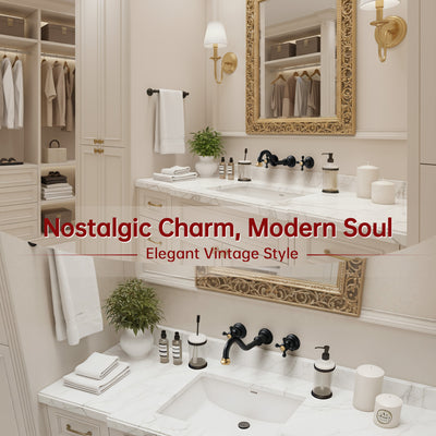 SUMERAIN Vintage Wall Mount Vessel Sink Faucet - 3 Holes Cross Handles Black and Gold Lavatory Basin Sink Faucet with Included in-Wall Valve