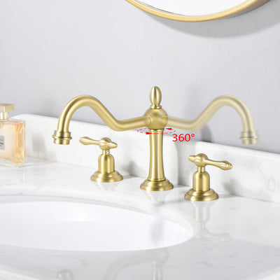 sumerain 3 Holes 8 inch Widespread Bathroom Sink Faucet, Brushed Gold 2 Handle Vanity Faucet with Swivel Spout