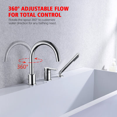 3 Hole Single Handle Deck Mount Roman Tub Faucet with Hand Shower in Chrome Finish