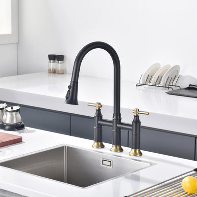SUMERAIN Bridge Kitchen Faucet with Pull Down Sprayer 2 Handle 3 Hole Kitchen Sink Faucet 8 Inch Centerset Black&Gold