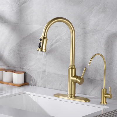 SUMERAIN Single Handle Kitchen Faucet with Pull Out Sprayer Kitchen Sink Faucet with 3 Hole Deck Plate, Brushed Gold