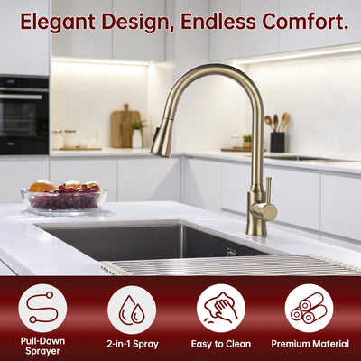 SUMERAIN Modern Industrial Pull-Down Sprayer Kitchen Faucets Lead-Free Stainless Steel Single Handle Brushed Gold Finish