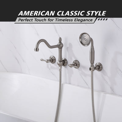 SUMERAIN Brushed Nickel Wall Mount Bathtub Faucet with Handheld Sprayer Traditional Tub Filler with Rough-in Valve