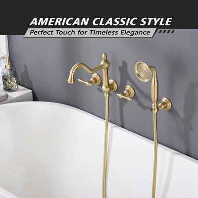 SUMERAIN Wall Mount Tub Faucet with Hand Shower, Brushed Gold Traditional Style Bathtub Faucet, Rough-in Valve Included