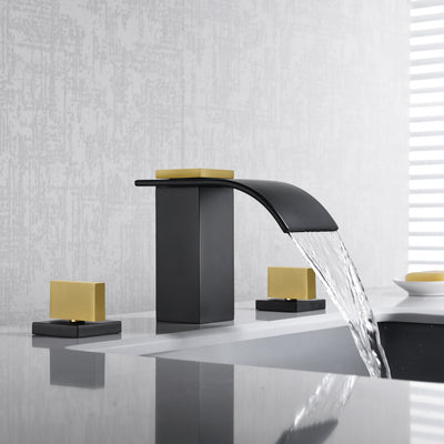 SUMERAIN Robinet de salle de bains largement répandu de 8 pouces, robinet de lavabo à cascade à 3 trous, finition noire et dorée