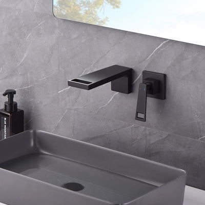 SUMERAIN Wall Mount Waterfall Bathroom Sink Faucet, Single Handle Bathroom Vessel Faucet with Rough in Valve, Matte Black