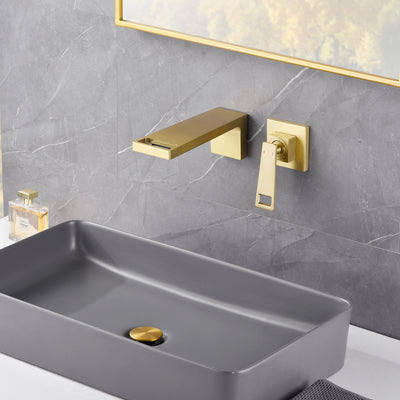 SUMERAIN Wall Mounted Bathroom Waterfall Faucet Wall Mount Sink Faucet Single Handle Vanity Faucet with Rough in Valve, Brushed Gold