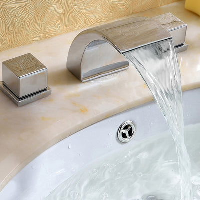 Sumerain Widespread Waterfall Bathroom Sink Faucet 3 Hole Dual Handle Brass Chrome