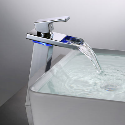 sumerain LED Waterfall Bathroom Faucet, Chrome Single Handle Single Hole Bathroom Sink Faucet 3 Colors Changes Vessel Faucet